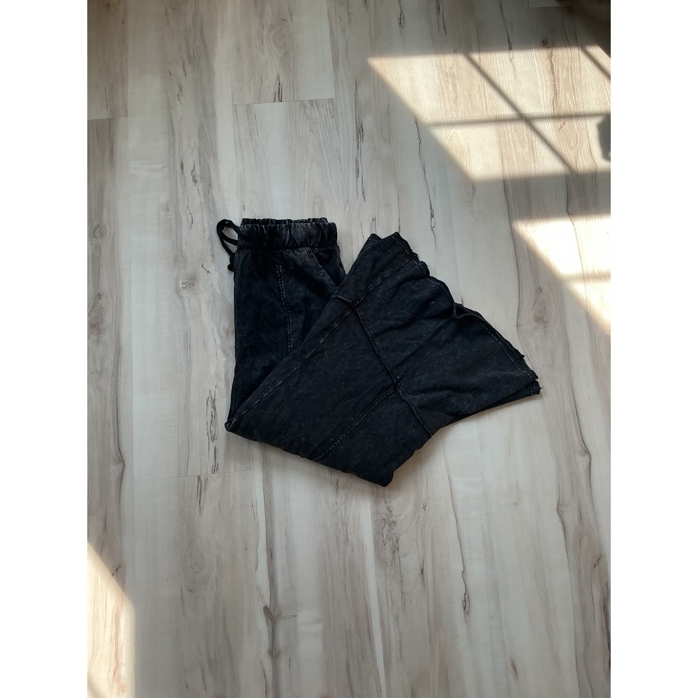 Zenana Mineral Wash Wide Leg Pants Charcoal Black Cotton Flared Boho L TPW-5253Y